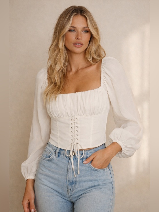 Princess Polly Tops - Princess Polly White Lace Up Corset Top Puff Sleeve Crop Blouse US 6